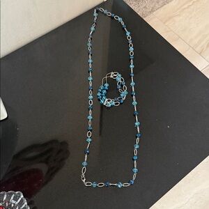 Elegant Blue and Silver Beaded Costume Necklace and Bracelet Set
